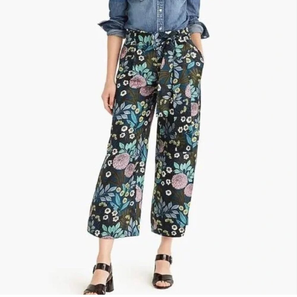 J. Crew x Abigail Borg Silk Wide Leg Pant Black Floral Size 2